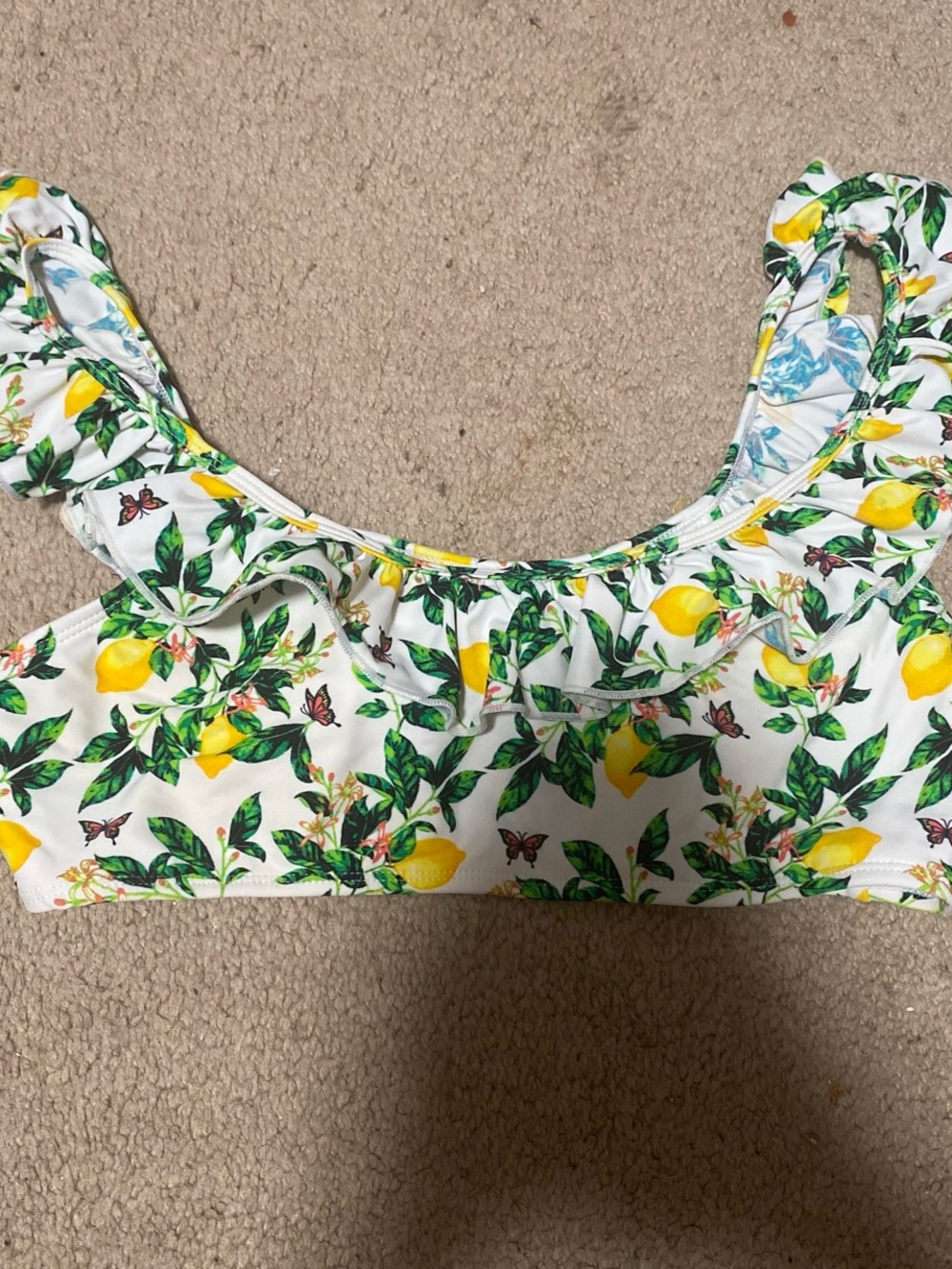 White Lemon Print Ruffle Crop Top